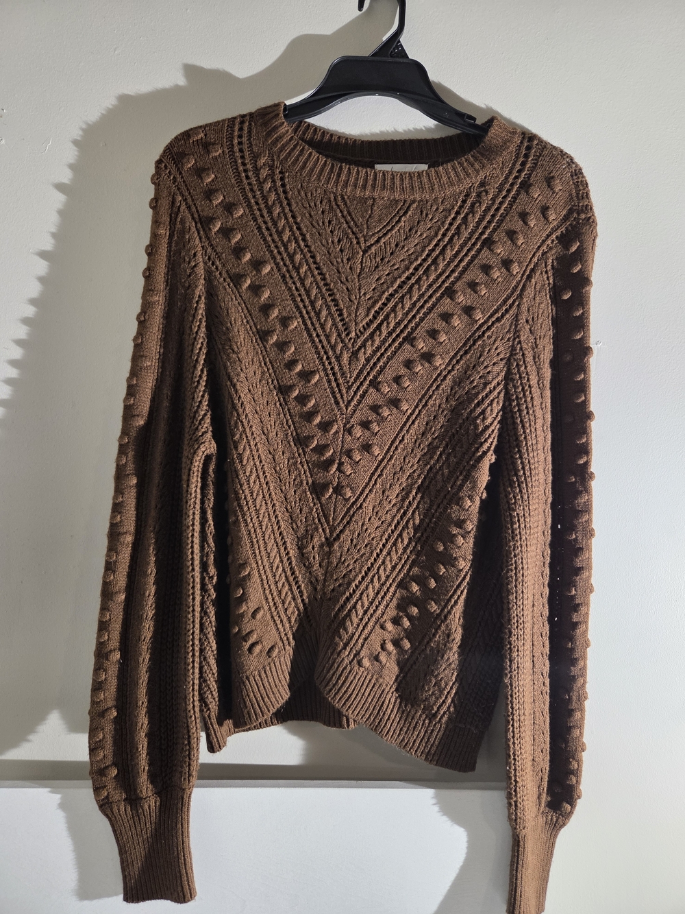 Textured Bobble Cable Knit Sweater - Brown